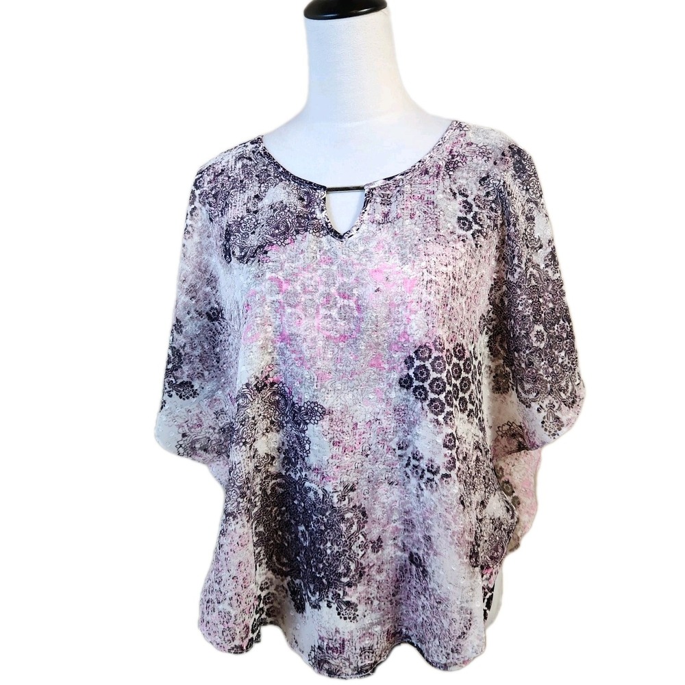 NWT‎ NY Collection Womens Cape Blouse Sz XL Pink Printed Artsy Keyhole Shirt Top